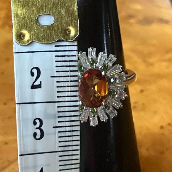 Natural Orange Garnet Chrome Diopside Sterling Silver Cocktail Ring Size 6 - Picture 4 of 8